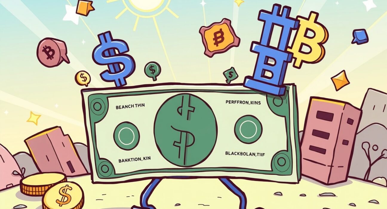 Cartoon illustration showing stablecoins as a strong foundation, supporting and stabilizing the U.S. dollar for future financial security.