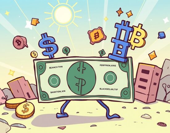 Cartoon illustration showing stablecoins as a strong foundation, supporting and stabilizing the U.S. dollar for future financial security.