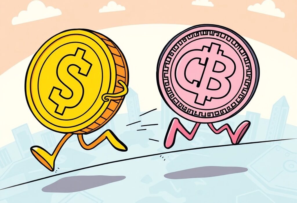 A cartoon illustration symbolizing the robust growth and widespread adoption of stablecoins, outperforming central bank digital currencies.