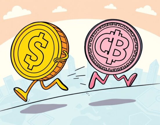 A cartoon illustration symbolizing the robust growth and widespread adoption of stablecoins, outperforming central bank digital currencies.