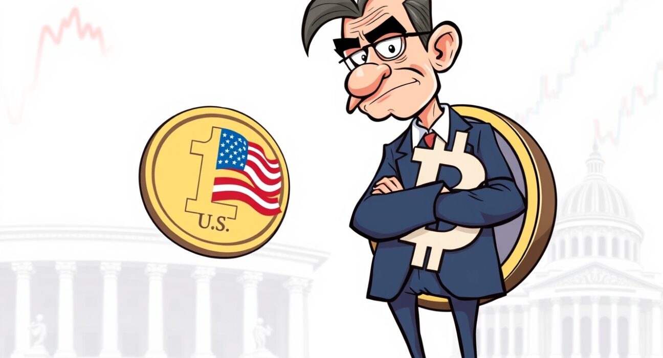 Cartoon illustration of a skeptical economist examining a digital coin, symbolizing doubts about stablecoins' impact on US debt.