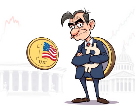Cartoon illustration of a skeptical economist examining a digital coin, symbolizing doubts about stablecoins' impact on US debt.