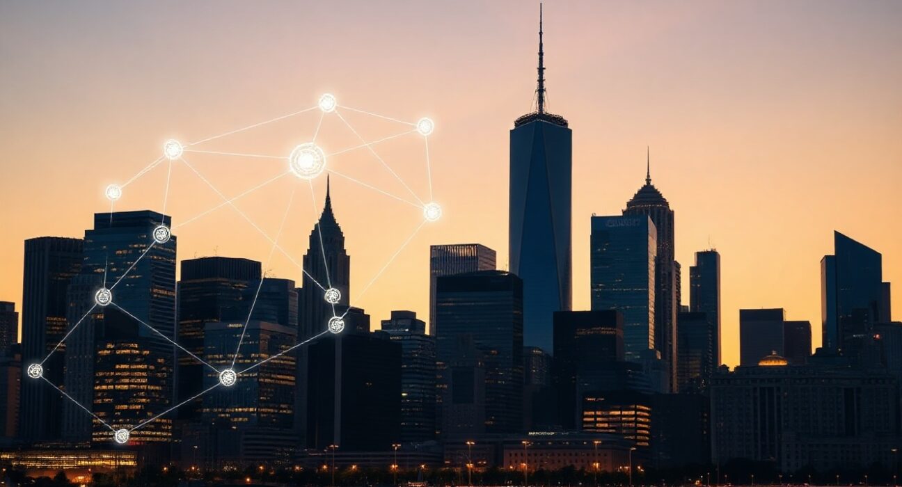 Financial district skyline with subtle digital network overlay representing stablecoin infrastructure.