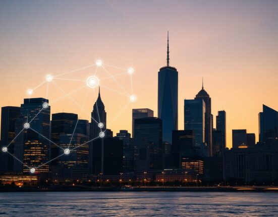 Financial district skyline with subtle digital network overlay representing stablecoin infrastructure.