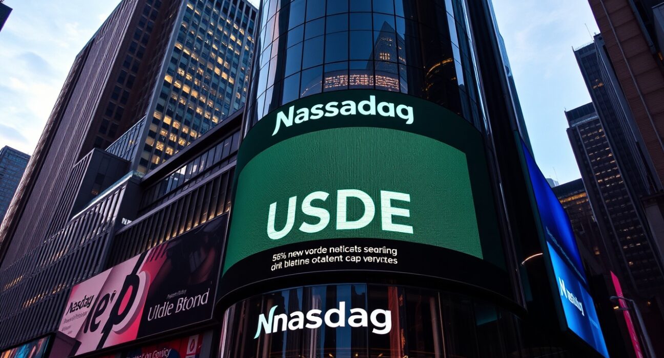 Nasdaq MarketSite building in Times Square displaying USDE ticker symbol on electronic board at dusk