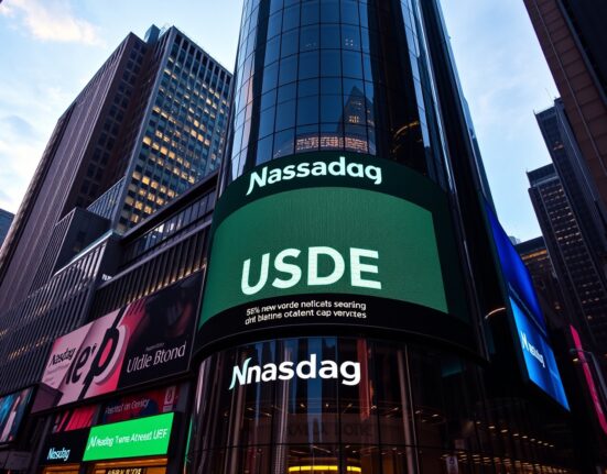Nasdaq MarketSite building in Times Square displaying USDE ticker symbol on electronic board at dusk