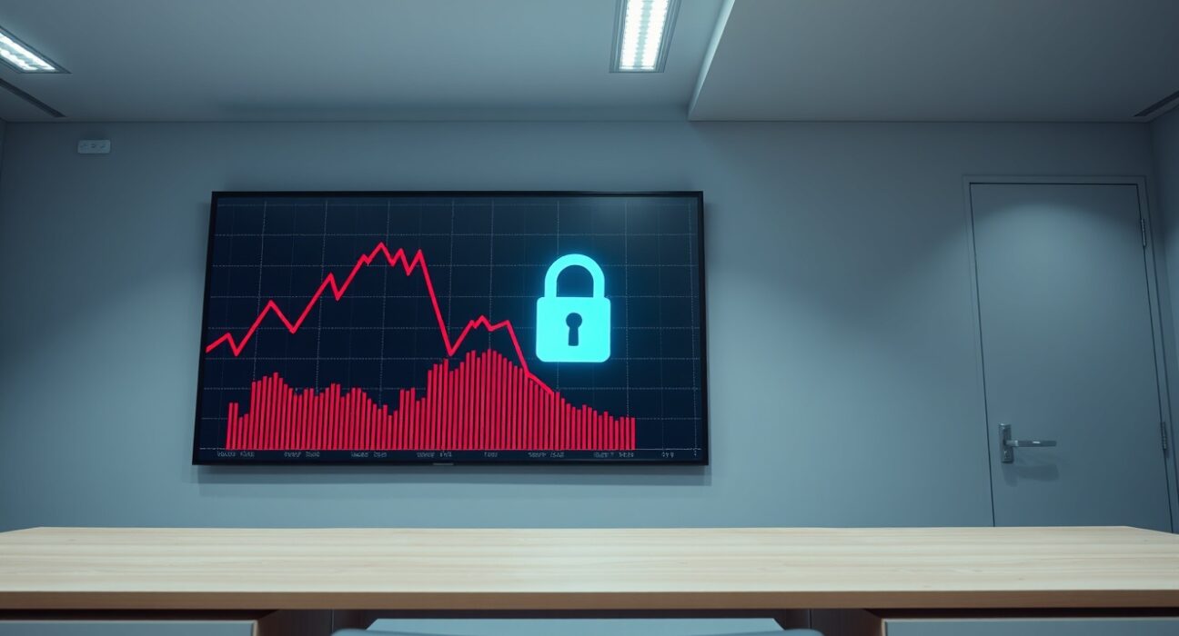 Digital screen displaying a broken padlock and a declining red graph in a modern office, representing the StablR hack.