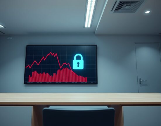 Digital screen displaying a broken padlock and a declining red graph in a modern office, representing the StablR hack.