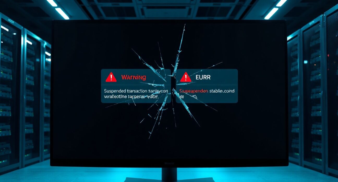 Cracked monitor showing suspended stablecoin services with red alerts in a server room