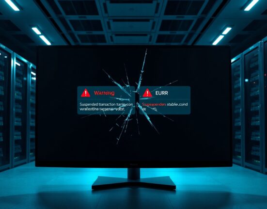 Cracked monitor showing suspended stablecoin services with red alerts in a server room
