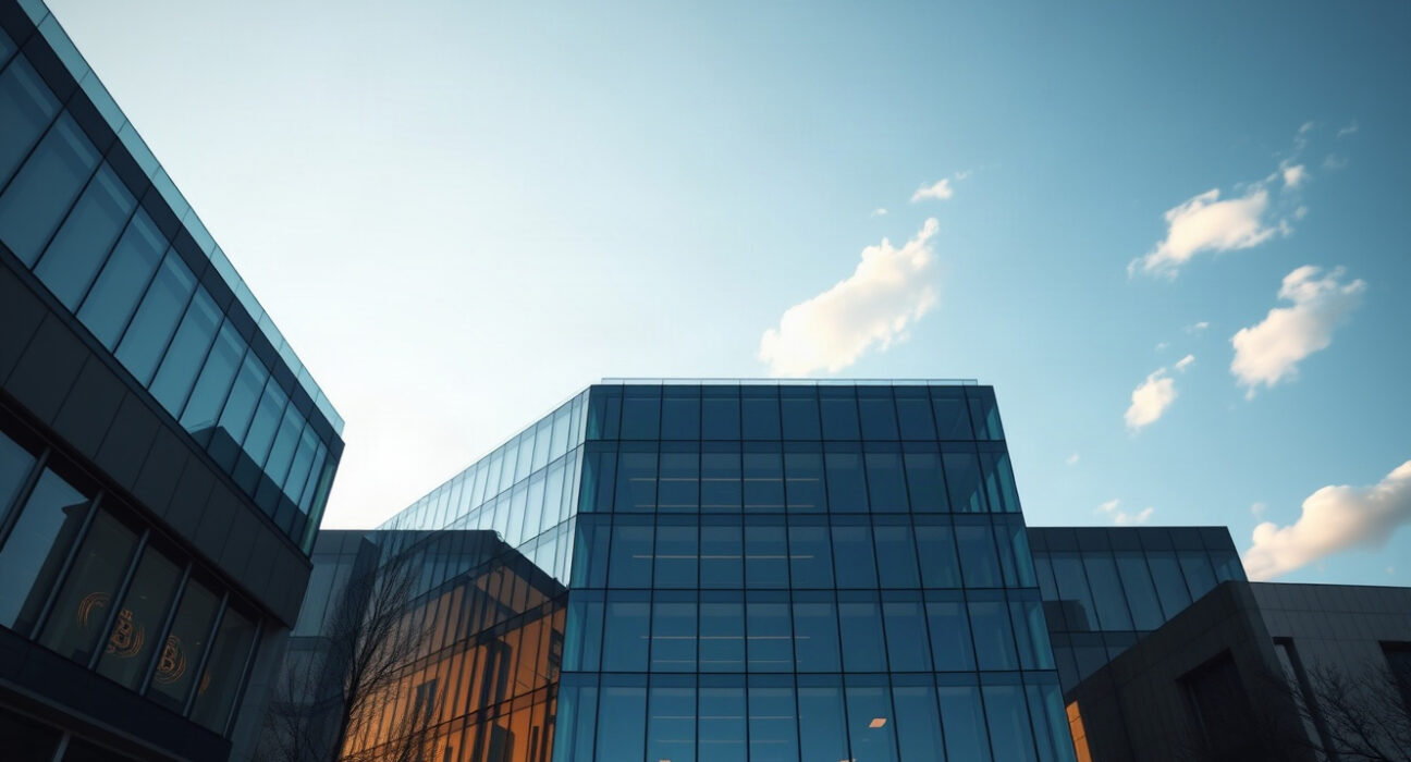 Institutional building with subtle Bitcoin symbol in sky, representing Stacks' second institutional staking participant announcement.