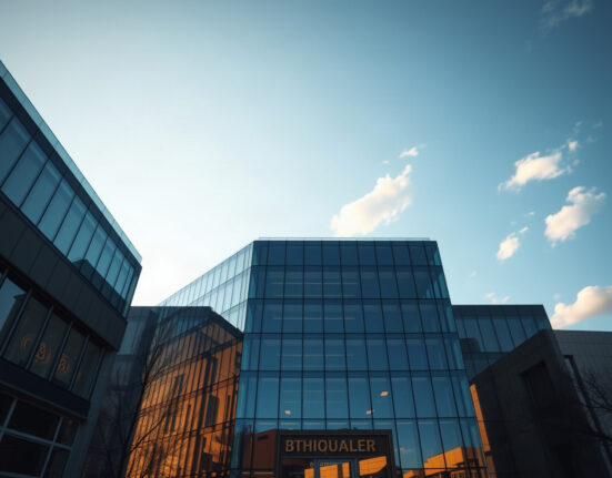Institutional building with subtle Bitcoin symbol in sky, representing Stacks' second institutional staking participant announcement.