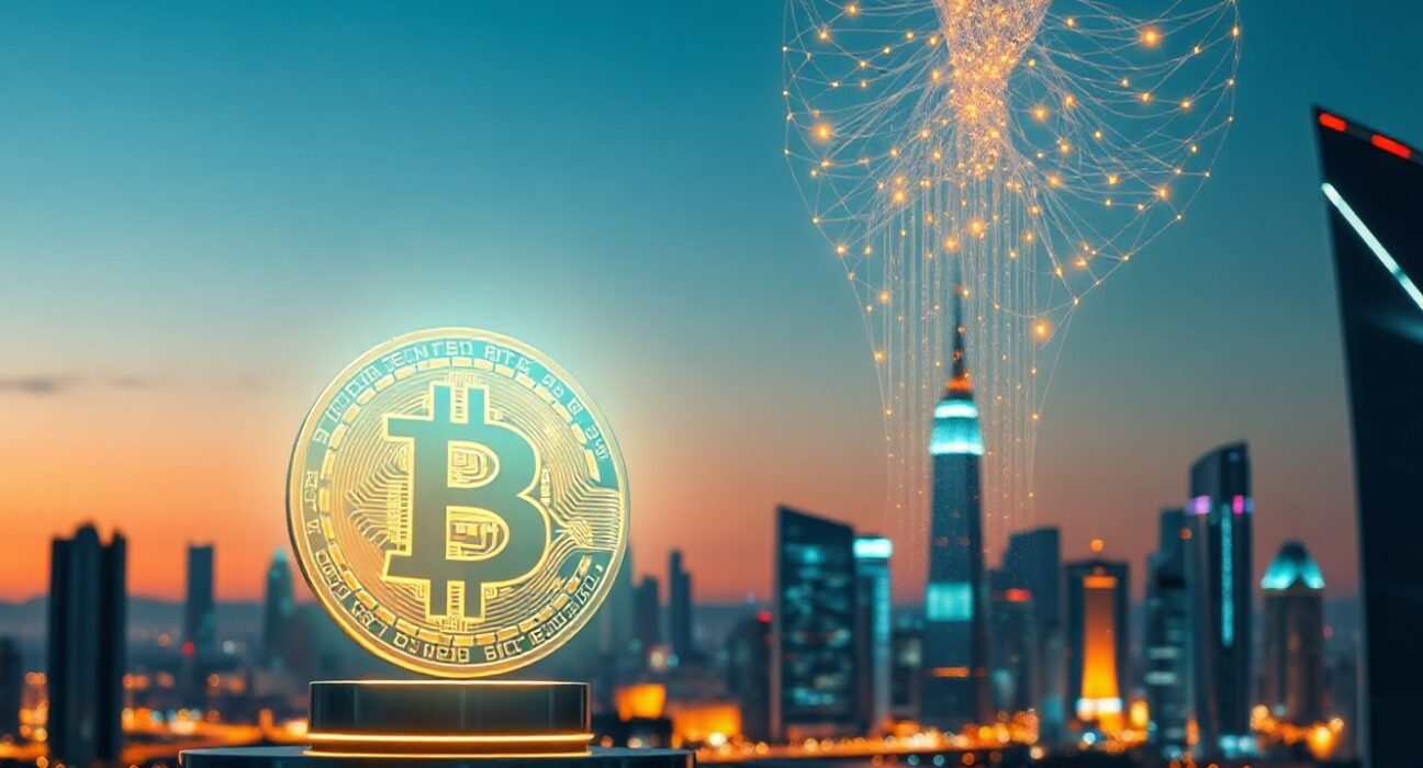 Digital cityscape with glowing Bitcoin symbol and smart contract code threads representing Stacks layer-2 network.
