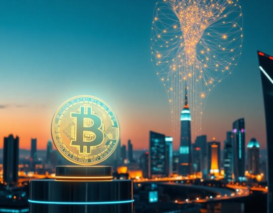 Digital cityscape with glowing Bitcoin symbol and smart contract code threads representing Stacks layer-2 network.