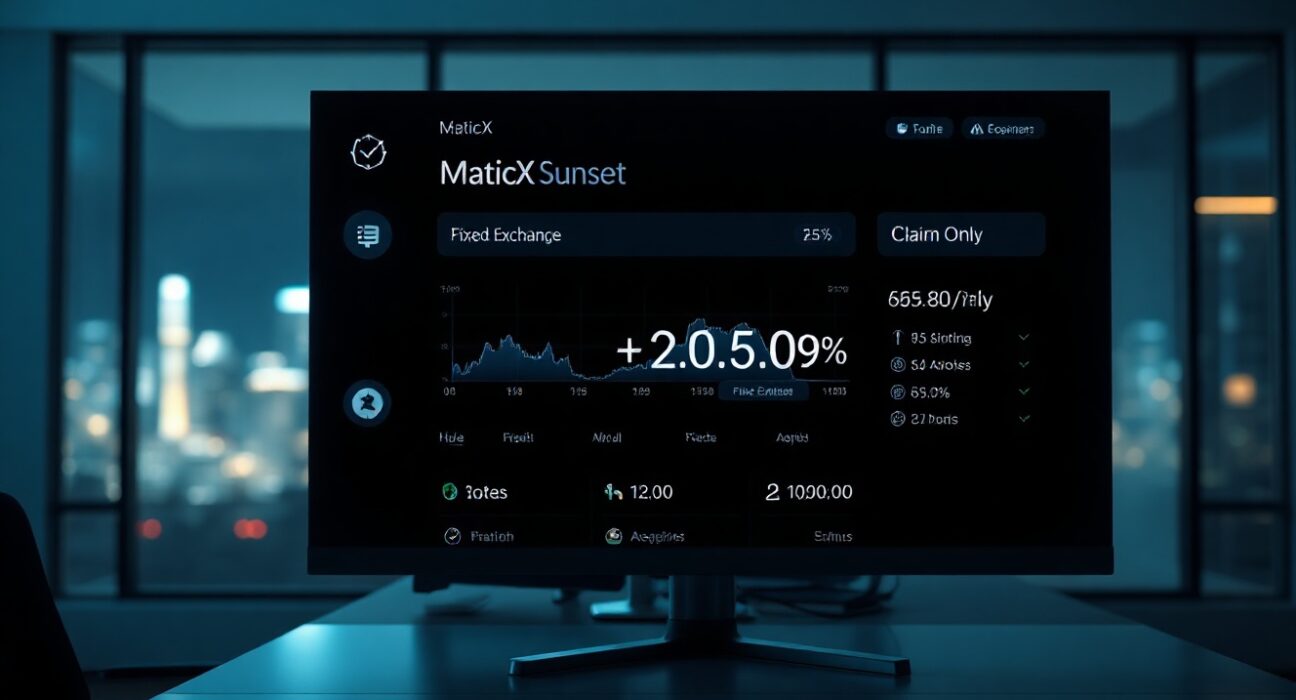 Digital dashboard showing MaticX sunset notice and countdown timer in a professional office setting