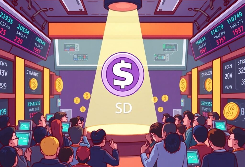 A cartoon illustration of the Stader (SD) listing on Bithumb, showing the excitement around the new trading opportunity for investors.