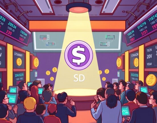 A cartoon illustration of the Stader (SD) listing on Bithumb, showing the excitement around the new trading opportunity for investors.