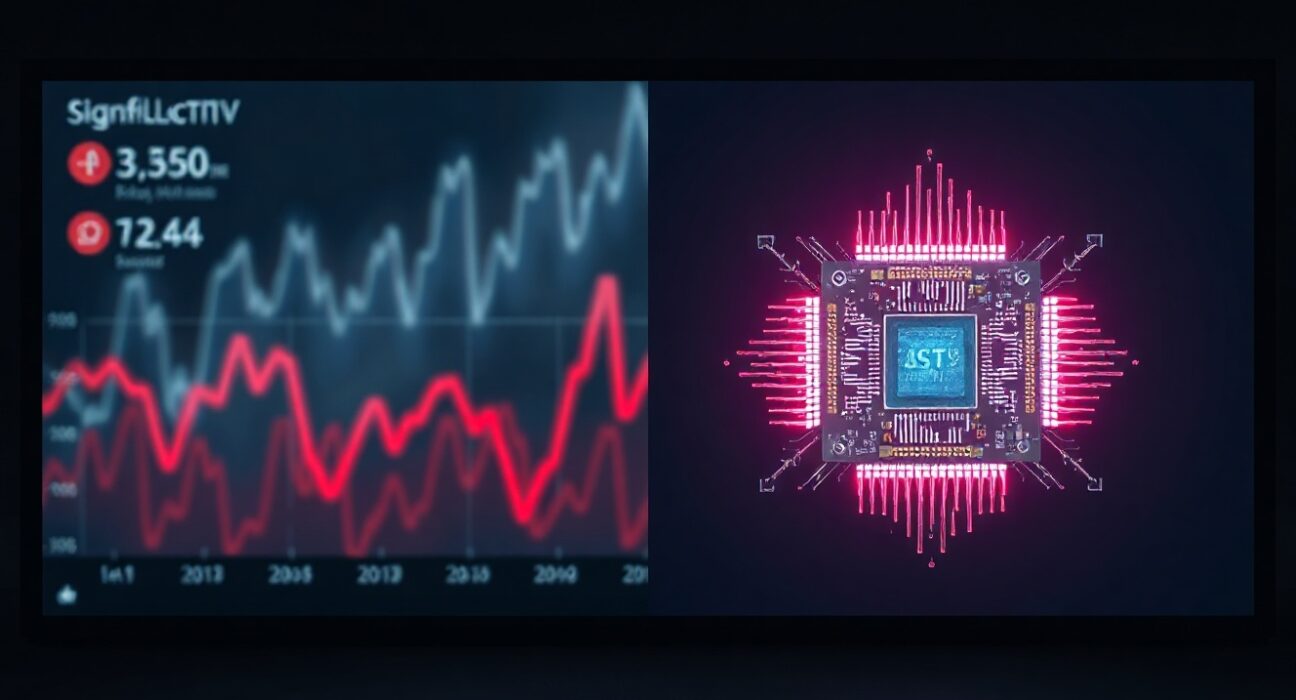 A split image showing a stock market ticker and a microchip, representing stagflation fears and chip sector divergence.