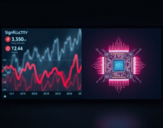 A split image showing a stock market ticker and a microchip, representing stagflation fears and chip sector divergence.