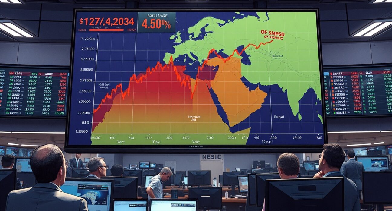 Stagflation fears visualized on a trading floor as oil price charts spike over a Middle East map.