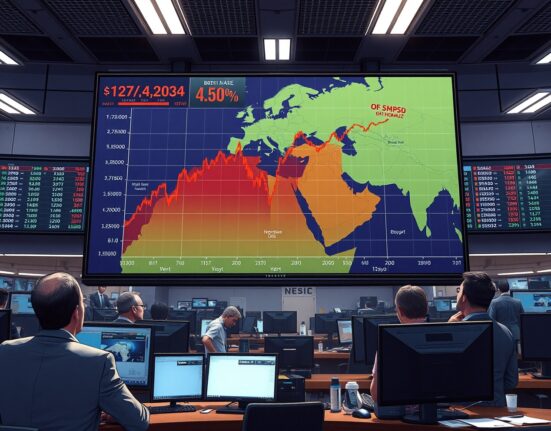 Stagflation fears visualized on a trading floor as oil price charts spike over a Middle East map.