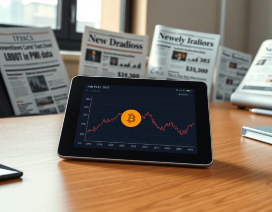 Analysis of stagflation fears impacting the Bitcoin price chart on a tablet.