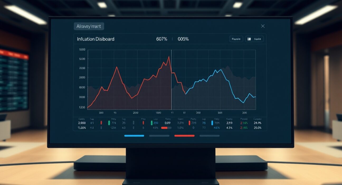 Global economic dashboard showing stagflation risks with diverging inflation and growth indicators
