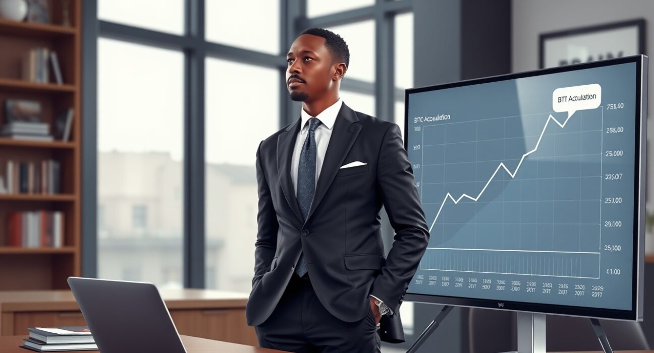 Former UK Chancellor Kwasi Kwarteng strategizing Bitcoin accumulation for STAK BTC in a professional financial setting.