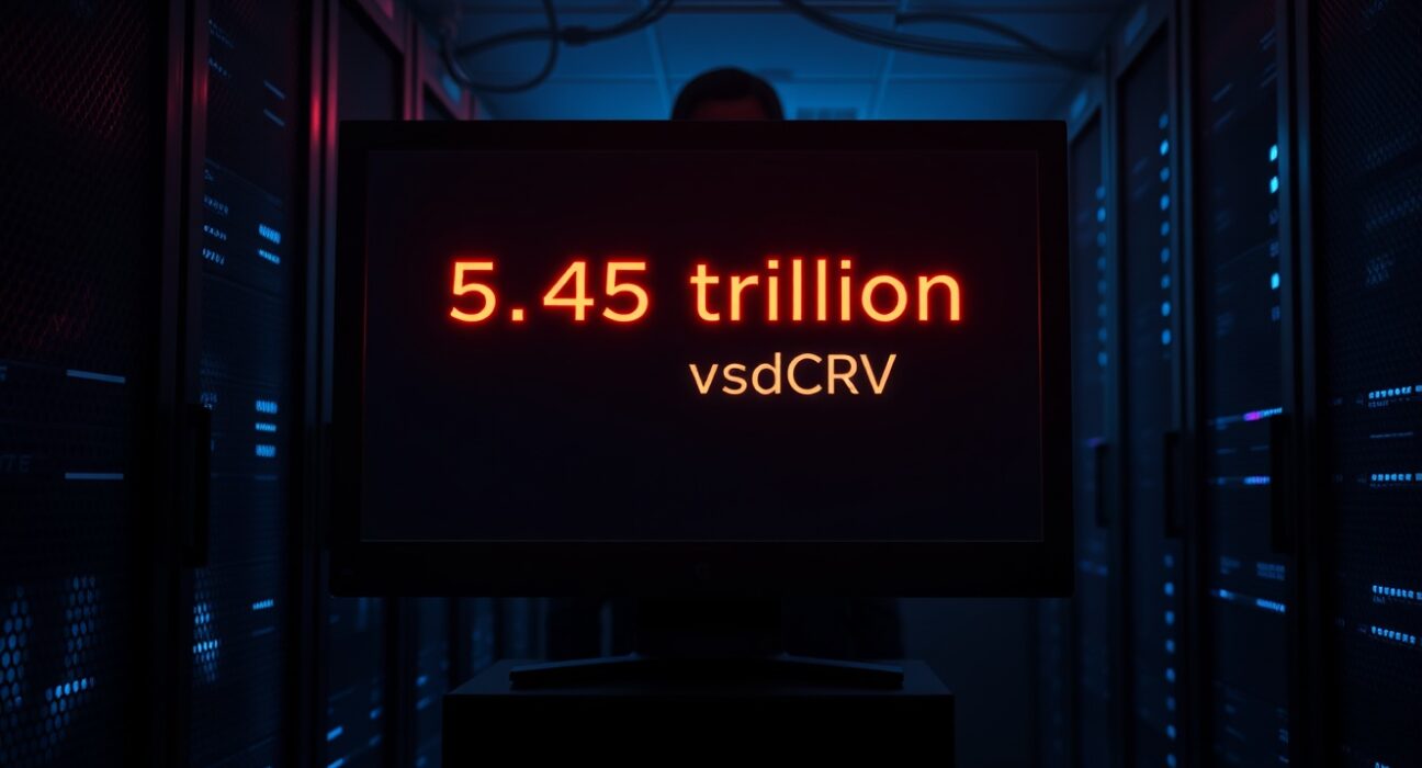 A dimly lit server room with a monitor showing a blockchain transaction interface displaying 5.4 trillion vsdCRV tokens