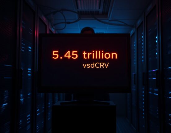 A dimly lit server room with a monitor showing a blockchain transaction interface displaying 5.4 trillion vsdCRV tokens
