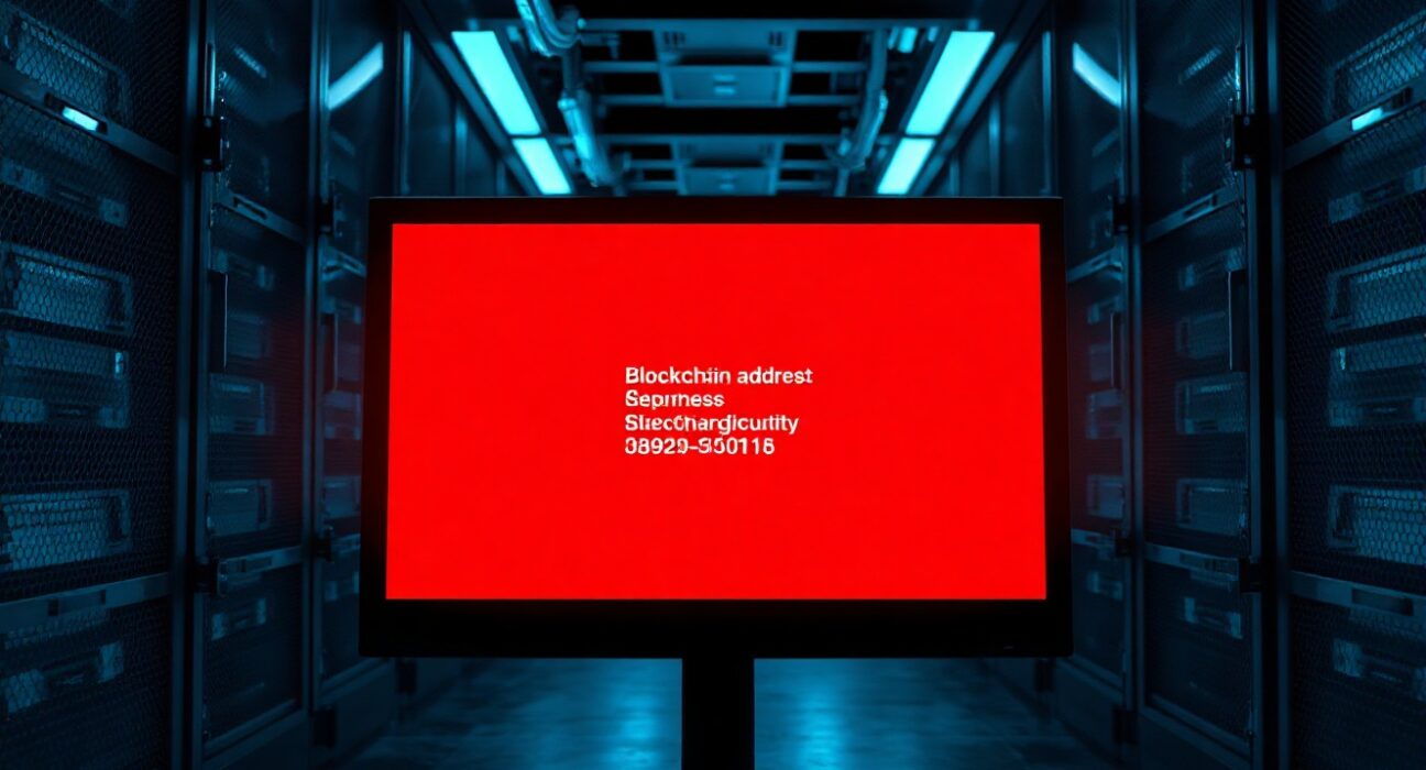 Server room with a glowing red monitor showing a blockchain security breach alert, representing the Stake DAO private key leak.