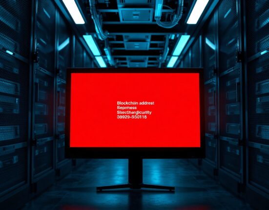 Server room with a glowing red monitor showing a blockchain security breach alert, representing the Stake DAO private key leak.