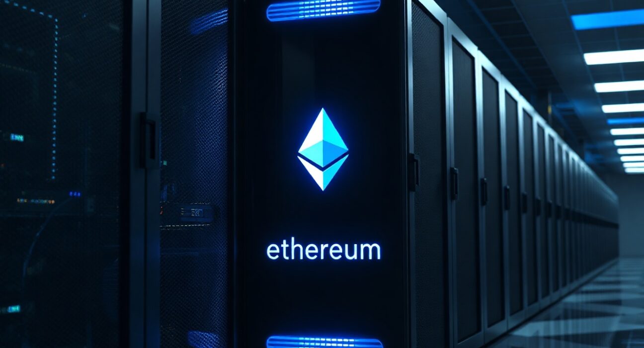 Data center server with blue lights representing Ethereum staking infrastructure