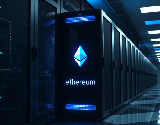 Data center server with blue lights representing Ethereum staking infrastructure