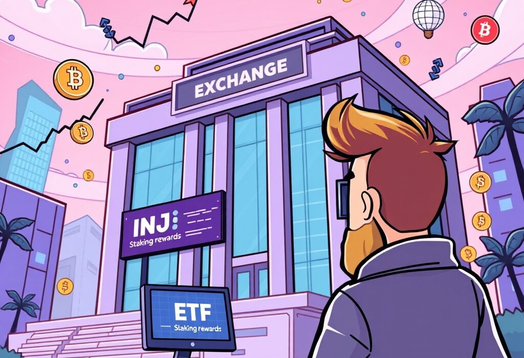 An investor observing a screen displaying a Staked INJ ETF, symbolizing the convergence of traditional finance and crypto innovation.
