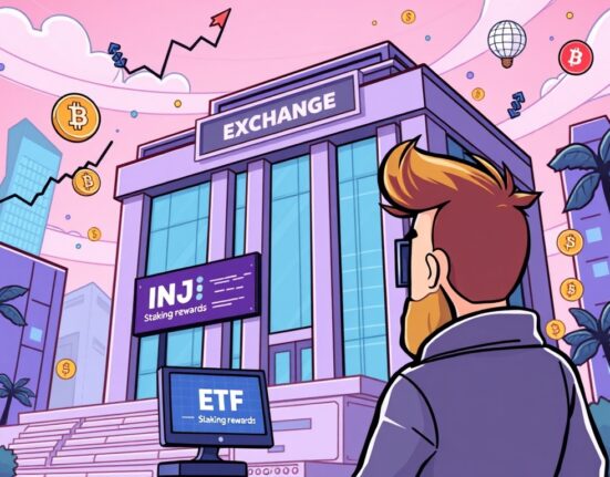 An investor observing a screen displaying a Staked INJ ETF, symbolizing the convergence of traditional finance and crypto innovation.