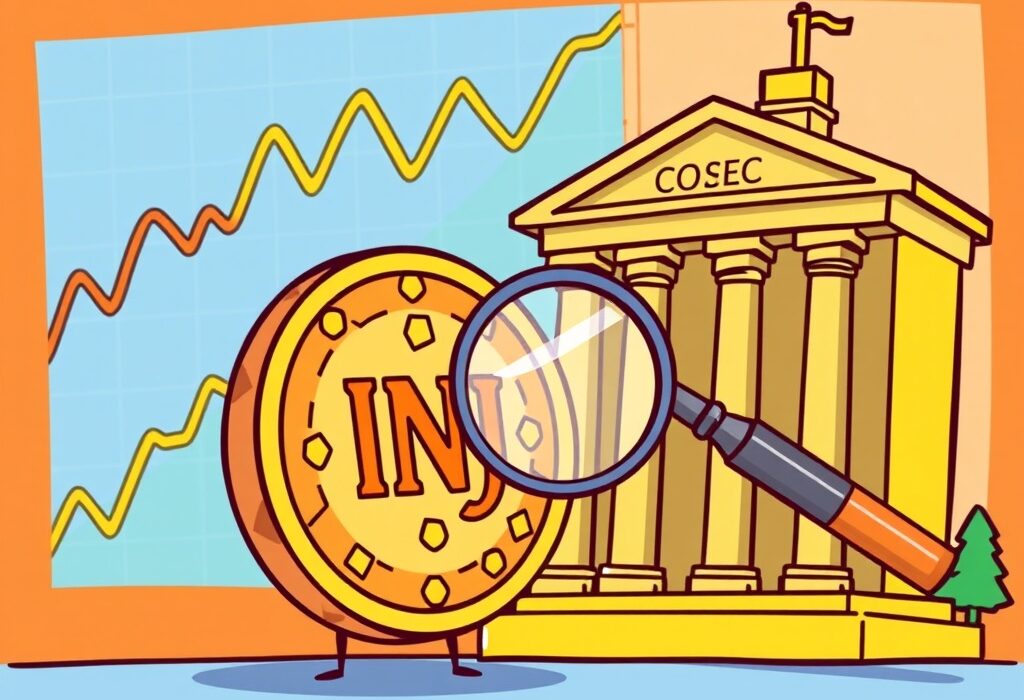 Cartoon illustration of a Staked INJ ETF token under SEC review, symbolizing regulatory scrutiny and potential market impact.