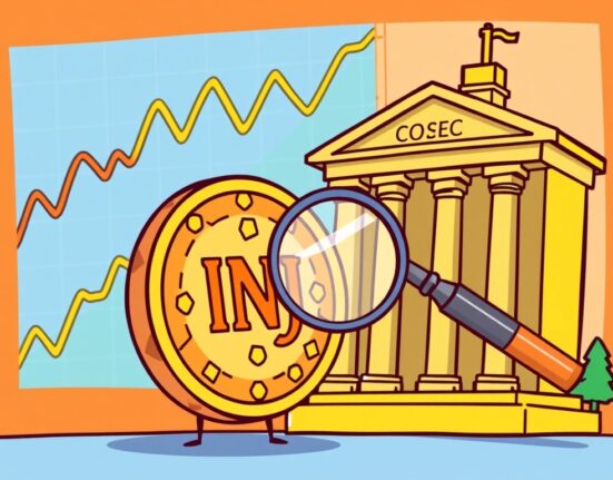 Cartoon illustration of a Staked INJ ETF token under SEC review, symbolizing regulatory scrutiny and potential market impact.