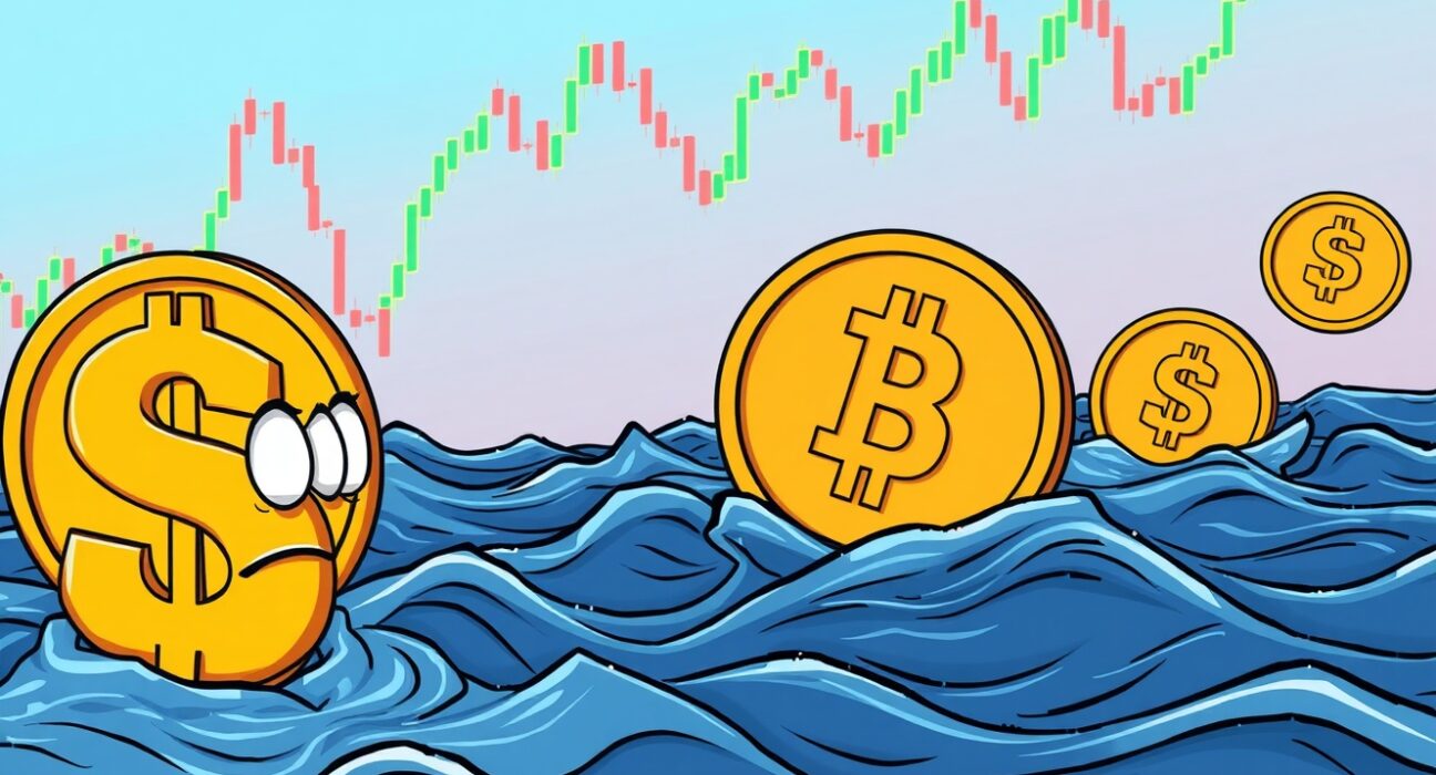 A cartoon illustration showing a deflated Staking Stream USD de-peg, symbolizing its fall in value and market instability.