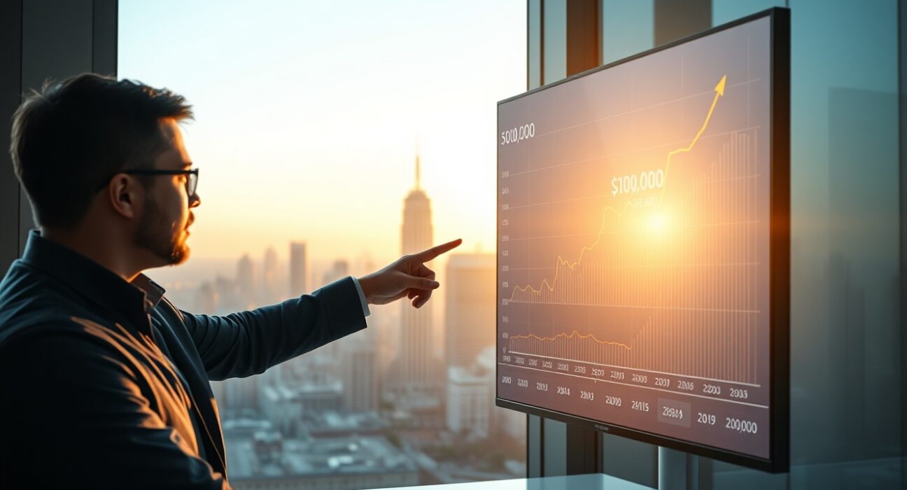 Analyst pointing at Bitcoin price chart with $100K target in a modern office