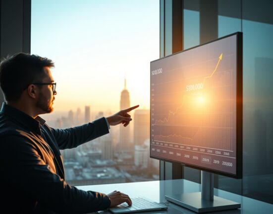 Analyst pointing at Bitcoin price chart with $100K target in a modern office