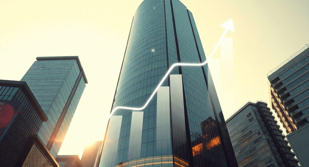 Standard Chartered bank building with digital DeFi network overlays representing Aave growth forecast