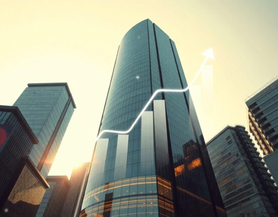 Standard Chartered bank building with digital DeFi network overlays representing Aave growth forecast