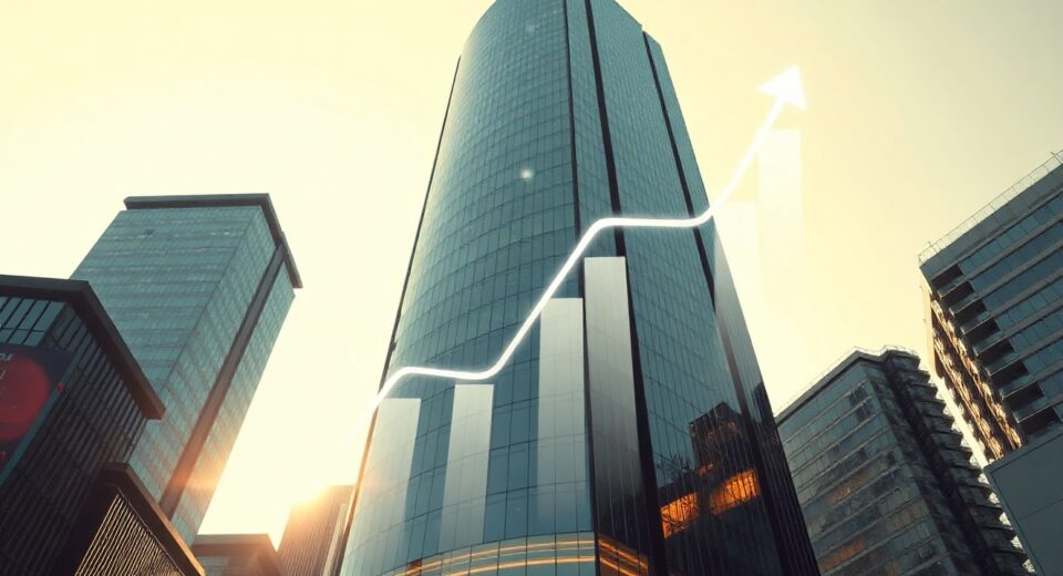 Standard Chartered bank building with digital DeFi network overlays representing Aave growth forecast