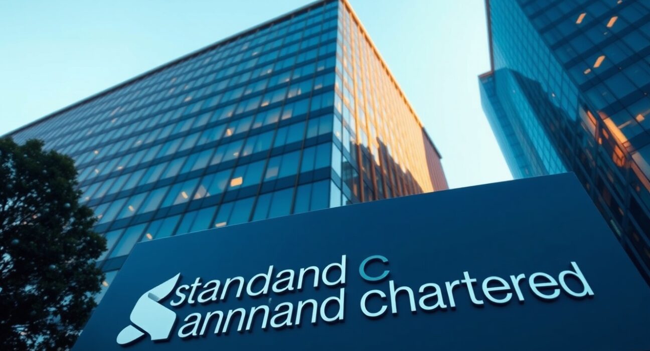 Standard Chartered bank building exterior under clear sky, representing institutional crypto custody acquisition.