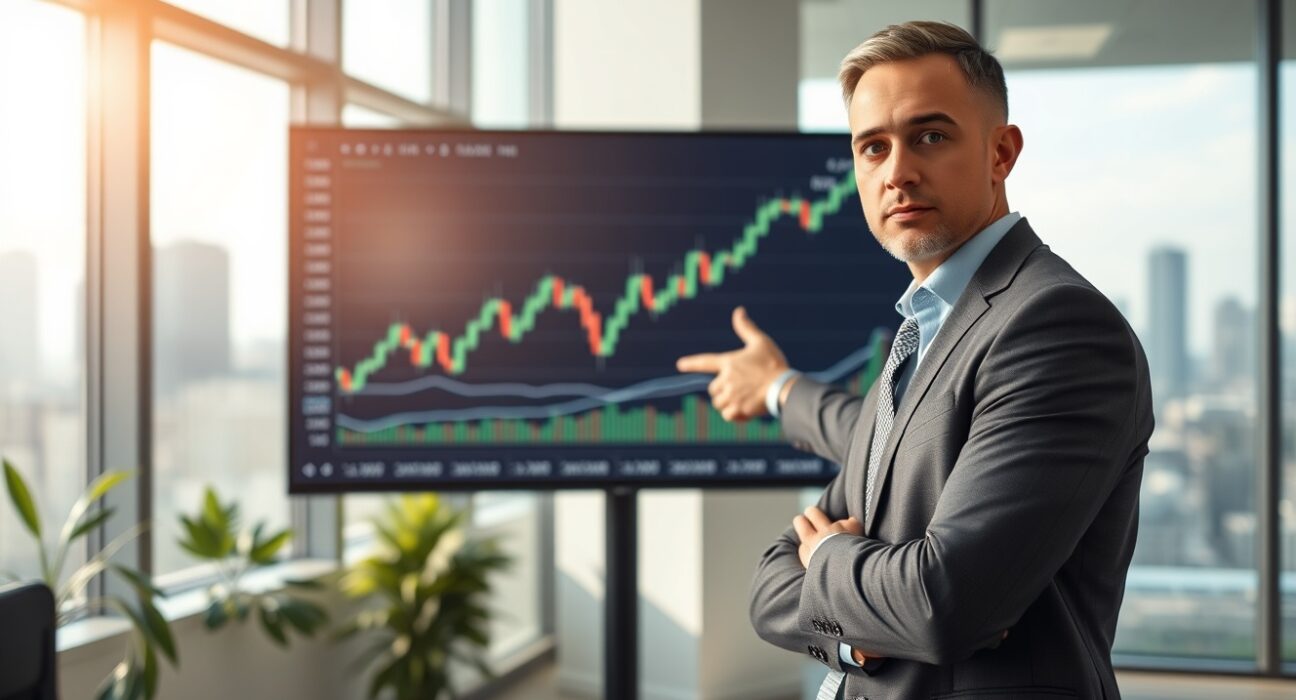 Financial analyst pointing to a Bitcoin price chart on a large screen in a modern office.