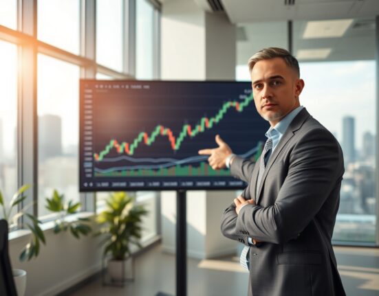 Financial analyst pointing to a Bitcoin price chart on a large screen in a modern office.