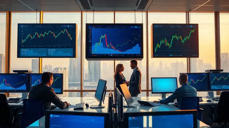 Professional traders on a modern bank floor in Dubai reviewing digital asset market data on screens