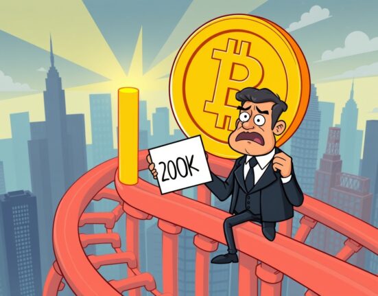 Analytical cartoon illustration of Standard Chartered's revised Bitcoin price target on a financial rollercoaster.