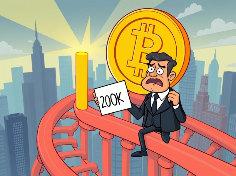 Analytical cartoon illustration of Standard Chartered's revised Bitcoin price target on a financial rollercoaster.